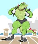  abs anthro bottomwear chain clothing crocodile crocodilian crocodylid eyewear gloves handwear hi_res looking_at_viewer male muscular muscular_male navel reptile scalie shorts solo sonic_the_hedgehog_(series) sunglasses sxfpantera thick_thighs topwear vector_the_crocodile vest 