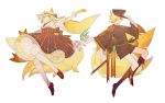  1boy 1girl :d adapted_costume animal_ears aqua_eyes back_bow bangs belt between_fingers blonde_hair boots bow brown_cape brown_footwear brown_headwear brown_shorts brown_skirt cape closed_mouth fire floating flower fox_boy fox_ears fox_girl fox_mask fox_tail frills gakuran hand_on_headwear hand_up hat_tip high-waist_skirt highres holding japanese_clothes kagamine_len kagamine_rin katana kemonomimi_mode knee_boots kneehighs lace lace-trimmed_skirt long_sleeves mask mask_on_head ofuda open_mouth outstretched_arm ponytail ribbon-trimmed_sleeves ribbon_trim school_uniform shoes short_hair shorts simple_background skirt smile smirk sword tail talisman vocaloid weapon white_background white_legwear wide_sleeves youkai zero_(jckz2334) 