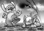  &lt;3 2019 3_toes 4_fingers 4_toes alien ambiguous_gender an-2769 angel_(miguelsalt) bodily_fluids building city claws destruction disney duo energy english_text experiment_(lilo_and_stitch) fan_character fingers fur greyscale hair hi_res house lilo_and_stitch macro monochrome notched_ear small_tail stitch_(lilo_and_stitch) sweat text toe_claws toes tyrnn 