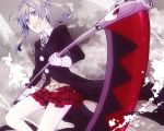  1girl baka_soul blonde_hair commentary_request gloves green_eyes long_hair looking_at_viewer maka_albarn necktie open_mouth plaid plaid_skirt scythe skirt smile solo soul_eater twintails 