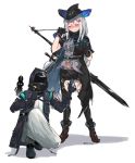  2girls amiya_(arknights) anger_vein arknights ascot belt black_gloves black_headwear black_jacket black_pants blush boots capelet closed_eyes doctor_(arknights) full_body gloves grey_hair grey_shirt hat highres holding holding_sword holding_weapon hood hooded_jacket jacket long_hair low-tied_long_hair multiple_girls navel onomatopoeia open_clothes open_jacket pants pocket shirt skadi_(arknights) slapping sword thigh_cutout thumbs_up tsukino_(nakajimaseiki) twitter_username weapon white_background white_hair 