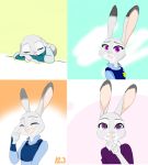  anthro bodily_fluids clothed clothing dipstick_ears disney eyes_closed fur grey_body grey_fur hi_res judy_hopps lagomorph leporid mammal moromorowephi multicolored_ears multiple_poses open_mouth open_smile pose purple_eyes rabbit sleeping smile solo tears zootopia 