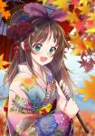  1girl :d a.i._channel aqua_eyes autumn_leaves bangs brown_hair floral_print flower hair_flower hair_ornament hair_ribbon hairband highlights highres holding holding_umbrella japanese_clothes kimono kizuna_ai kyuu_(chiu850513) long_hair looking_at_viewer multicolored_hair nail_polish obi open_mouth oriental_umbrella pink_hair pink_ribbon red_flower ribbon sash smile solo streaked_hair umbrella upper_body virtual_youtuber 