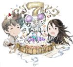  aerie_(bravely_default) agnes_oblige anniversary bravely_default:_flying_fairy bravely_default_(series) brown_eyes brown_hair cake dress fairy fairy_wings food grey_hair highres ikusy official_art open_mouth pom_poms short_dress smile square_enix surprised sweatdrop tiz_oria white_hair wings 