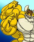  2019 4:5 4_fingers abs alien antennae_(anatomy) biceps big_muscles brown_eyes brown_hair disney experiment_(lilo_and_stitch) fan_character fierglief fingers flexing fur gradient_background grin hair hi_res huge_muscles hyper hyper_muscles lilo_and_stitch male multi_arm multi_limb muscular muscular_male outline pecs pink_nose short_hair simple_background smile solo stitchils yellow_body yellow_fur 