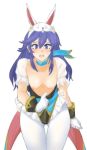  1girl animal_ears animal_hat areolae ass_visible_through_thighs blue_eyes blue_hair blush breasts bunny_ears bunny_hat bunnysuit choker collarbone curvy easter embarrassed eyebrows_visible_through_hair fire_emblem fire_emblem_awakening fire_emblem_heroes flashing gloves hat highres leaning_forward long_hair looking_at_viewer lucina_(fire_emblem) nipples open_mouth short_sleeves small_breasts solo sweatdrop thighs transparent_background tridisart 