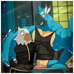  1:1 2020 aaron_(artist) abs accipitrid accipitriform animal_crossing apollo_(animal_crossing) arm_around_neck avian big_arms big_muscles big_pecs bird black_body black_feathers blue_body blue_feathers border bottomwear breath_of_the_wild bulge butt clothing duo eagle feathers genitals hi_res kass_(tloz) looking_at_viewer looking_down male midriff muscular nintendo nipple_piercing nipples open_mouth pecs penis piercing rito sagging selfie shirt shorts signature size_difference smile surprise tank_top the_legend_of_zelda tight_clothing tongue topwear vein veiny_penis video_games white_body white_border white_feathers wide_hips yellow_eyes zipper 