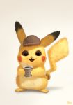  ambiguous_gender beverage clothing coffee detective_pikachu feral fur hat headgear headwear hi_res holding_beverage holding_object mammal nintendo pikachu pok&eacute;mon pok&eacute;mon_(species) rodent simple_background solo uno_yuuji video_games white_background yellow_body yellow_fur 