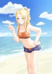  1girl absurdres bangs beach bikini black_scrunchie blonde_hair blue_eyes blue_shorts blue_sky blush breasts cloud collarbone day eyebrows_visible_through_hair grin hair_ornament hair_scrunchie hand_on_hip high_ponytail highres leaning_forward light_(sdga5524) long_hair looking_at_viewer micro_shorts navel ocean open_clothes open_shorts orange_bikini outdoors parted_bangs scrunchie seishun_buta_yarou shorts sky small_breasts smile solo sports_bikini standing swimsuit toyohama_nodoka v 