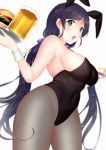  1girl :o =o absurdres alcohol animal_ears bangs bare_shoulders beer beer_mug black_legwear blush bow breasts bunny_ears bunny_girl bunnysuit detached_collar food french_fries green_eyes hair_bow hamburger highres holding holding_tray kazehana_(spica) large_breasts leotard long_hair looking_at_viewer love_live! love_live!_school_idol_project open_mouth pantyhose parted_bangs purple_bow purple_hair purple_neckwear sideboob sleeveless strapless toujou_nozomi tray twintails very_long_hair wrist_cuffs 