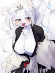  &lt;3 2019 3:4 anthro bent_over big_breasts blush breasts canid canine cleavage clothed clothing female fingers fire fur hair hi_res htg htg92 japanese_text kemono long_hair mammal open_mouth red_eyes snout solo standing teeth text tongue white_body white_fur white_hair 