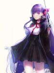  1girl bangs bb_(fate)_(all) bb_(fate/extra_ccc) black_cape black_skirt bow cape closed_mouth cowboy_shot fate/extra fate/extra_ccc fate_(series) floating_hair gloves hair_bow haori_iori high-waist_skirt highres holding long_hair miniskirt neck_ribbon pleated_skirt purple_eyes purple_hair red_bow red_ribbon ribbon shiny shiny_hair shirt simple_background skirt smile solo standing very_long_hair white_background white_gloves white_shirt 