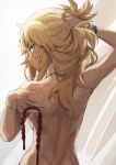  1girl arm_behind_head arm_up back backlighting bangs blonde_hair blush bracelet breasts fate/apocrypha fate_(series) green_eyes hair_ornament hair_scrunchie highres holding holding_hair jewelry long_hair looking_at_viewer looking_back mordred_(fate) mordred_(fate)_(all) necklace red_scrunchie scrunchie shoulder_blades sidelocks small_breasts solo tonee topless 