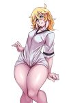  1girl absurdres ahoge blonde_hair blue_eyes breasts cameltoe head_tilt highres impossible_clothes impossible_shirt knees_together_feet_apart medium_hair messy_hair naked_shirt nell_(nisego) nisego original pajamas_challenge shirt slender_waist small_breasts smile solo standing t-shirt taut_clothes taut_shirt thick_thighs thighs wide_hips 