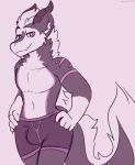  2017 anthro bedroom_eyes bulge clothed clothing dragon fur furred_dragon half-closed_eyes hands_on_hips hi_res horn looking_at_viewer male monochrome narrowed_eyes partially_clothed pixel_(character) presenting scales seductive simple_background sketch sleepyscreen smile solo standing topless underwear 