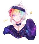  1boy ahoge choker eyebrows_visible_through_hair headband highres iida_rintarou lip_piercing looking_at_viewer multicolored_hair nori_(1304765743) okami_game_(werewolf) one_eye_closed piercing purple_eyes rainbow_hair safety_pin sleeves_past_fingers sleeves_past_wrists smile solo spoken_star star 