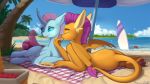  16:9 2020 3_toes anthro beach claws cookie detailed_background discordthege dragon duo eyes_closed feral food friendship_is_magic hi_res holding_food holding_object horn lying my_little_pony ocellus_(mlp) outside seaside smile smolder_(mlp) toe_claws toes tree umbrella wings 