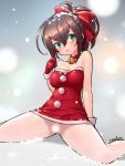  1girl :o artist_name bare_shoulders bell bow brown_hair censored choker christmas dress gloves green_eyes hair_between_eyes hair_bow highres jingle_bell looking_at_viewer no_panties open_mouth original pantyhose pom_pom_(clothes) ponytail ranken red_bow red_dress red_gloves red_neckwear santa_costume sheer_legwear shiny shiny_hair short_dress short_hair sitting snow solo spread_legs wariza white_legwear 