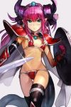  1girl armor bikini bikini_armor black_legwear blue_eyes breasts cape cowboy_shot elizabeth_bathory_(brave)_(fate) elizabeth_bathory_(fate)_(all) fate/grand_order fate_(series) hankuri horns long_hair looking_at_viewer navel pauldrons pink_hair pointy_ears red_armor shield simple_background small_breasts solo swimsuit sword tail thighhighs weapon 