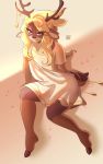  2019 anthro antlers blonde_hair brown_body brown_fur cervid clothing eyelashes freckles fur girly hair hi_res horn jewelry lazysnout light long_hair looking_at_viewer male mammal petals smile solo toga wide_hips 