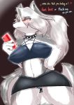  2019 absurd_res alternate_version_at_source anthro areola blush bottomwear breasts canid canid_demon canine cellphone chest_tuft clothed clothing collar demon english_text female fluffy fluffy_tail fur grey_body grey_fur hair hand_on_hip hellhound helluva_boss hi_res holding_object long_hair looking_away loona_(vivzmind) mammal milkteafox navel nipple_outline phone portrait profanity red_eyes red_sclera silver_hair skirt solo text three-quarter_portrait translucent translucent_hair tuft underwear white_body white_fur 