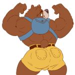  2019 backpack banjo-kazooie banjo_(banjo-kazooie) belt big_arms big_butt1:1 big_muscles black_nose blue_eyes bottomwear brown_body brown_fur butt clothed clothing flexing fur ghoskee hi_res looking_back male mammal muscular rareware rear_view short_tail shorts simple_background smile solo standing tight_clothing topless ursid video_games 