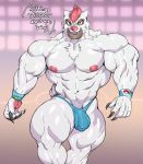  abs anthro big_muscles bulge clothed clothing dialogue hi_res huge_muscles hyper hyper_muscles looking_at_viewer male muscular muscular_male navel nintendo partial_nudity pok&eacute;mon pok&eacute;mon_(species) solo speedo swimwear sxfpantera thick_thighs topless video_games vigoroth 