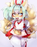  2019 4:5 4_fingers anthro asian_clothing blue_eyes blue_hair breasts brown_body brown_fur canid canine chest_tuft clothed clothing east_asian_clothing female fingers fur hair hi_res htg htg92 japanese_clothing kemono kimono mammal multi_tail open_mouth open_smile simple_background smile solo standing tongue tuft 