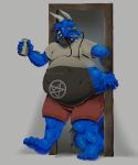  2020 abdominal_bulge anthro belly beverage blue_body clothed clothing digital_media_(artwork) dragon fingers hair hi_res holding_object horn inkenginecompany_(artist) male open_mouth overweight overweight_male scalie simple_background solo standing topwear vore watermark white_horn 