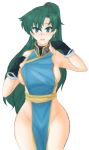  1girl bare_shoulders blush breasts china_dress chinese_clothes curvy dress earrings embarrassed eyebrows_visible_through_hair facing_viewer fingerless_gloves fire_emblem fire_emblem:_the_blazing_blade fire_emblem_heroes gloves green_eyes green_hair hair_between_eyes highres jewelry large_breasts long_hair looking_at_viewer lyn_(fire_emblem) no_panties open_mouth ponytail solo thighs transparent_background tridisart wide_hips 