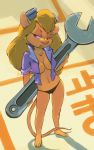  2020 anthro barefoot blonde_hair blue_eyes braless breasts chip_&#039;n_dale_rescue_rangers cleavage clothed clothing disney edtropolis eyewear female gadget_hackwrench goggles hair half-closed_eyes hi_res long_hair mammal mouse murid murine narrowed_eyes navel partially_clothed rodent shirt solo standing thong tools topwear underwear wrench 