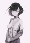  1girl black_hair breasts breasts_outside clothing_request cowboy_shot expressionless flou glasses greyscale highres looking_at_viewer medium_breasts monochrome nipples original short_hair sleeves_past_wrists solo solo_focus white_background 