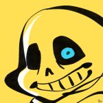  1:1 animated_skeleton blue_eyes bone grin male sans_(undertale) simple_background skeleton smile solo undead undertale uno_yuuji video_games yellow_background 
