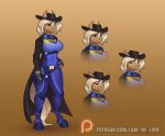  2020 anthro big_breasts blonde_hair breasts clothed clothing coat digital_media_(artwork) equid equine female fully_clothed hair hat headgear headwear horse law_of_love mammal mary_(law_of_love) patreon police police_uniform reaper3d sheriff simple_background smile solo topwear uniform wide_hips 