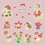  bellossom blush bow cherrim cherrim_(sunshine) claws closed_mouth commentary_request deerling highres leafeon lilligant looking_at_viewer maractus meganium no_humans oddish outline pokemon pokemon_(creature) red_bow red_eyes sasabunecafe shaymin shaymin_(land) simple_background smile swadloon 
