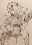  2020 anthro breasts canid canid_demon canine canis clothed clothing collar curemitsuba demon digital_media_(artwork) female fur hair half-closed_eyes hellhound helluva_boss hi_res holding_object holding_phone long_hair looking_at_viewer loona_(vivzmind) mammal monochrome narrowed_eyes phone skimpy solo traditional_media_(artwork) wolf 