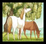  animal animal_focus black_border blue_sky border day grass hill horse no_humans original outdoors plant signature sky takigraphic tree white_horse 