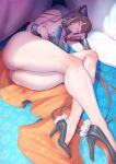  1girl ass bare_shoulders blue_eyes breasts brown_hair cleavage commentary_request detached_sleeves fate_(series) high_heels ion_(cation) large_breasts long_hair lying on_side pussy_juice solo thick_thighs thighs twintails yang_guifei_(fate/grand_order) 