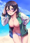  1girl ass_visible_through_thighs bangs beach bikini bikini_bottom bikini_top_removed black_hair blue_sky blush breasts cleavage cloud collarbone cowboy_shot day embarrassed green_jacket hair_between_eyes hand_on_hip hand_up highres horizontal_stripes jacket kanabun large_breasts leaning_forward looking_at_viewer love_live! love_live!_sunshine!! love_live!_sunshine!!_the_school_idol_movie_over_the_rainbow midriff navel nipples nose_blush open_clothes open_jacket open_mouth purple_eyes salute shiny shiny_skin short_hair sky solo standing stomach striped striped_bikini swimsuit thighs topless two-tone_jacket unzipped watanabe_tsuki white_jacket 