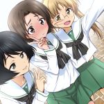  3girls black_hair black_neckwear blonde_hair blush brown_eyes brown_hair commentary_request girls_und_panzer glasses green_eyes green_skirt hand_up long_hair long_sleeves looking_at_viewer multiple_girls nakahira_guy ooarai_school_uniform oono_aya open_mouth sailor_collar sawa_azusa school_uniform serafuku short_hair skirt smile twintails utsugi_yuuki v white_sailor_collar yellow_eyes 