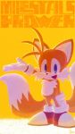  9:16 anthro blue_eyes canid canine character_name clothing english_text footwear fox fur gloves handwear hi_res male mammal miles_prower open_mouth open_smile orange_body orange_fur shoes simple_background smile solo sonic_the_hedgehog_(series) standing text uno_yuuji wallpaper white_body white_fur yellow_background 
