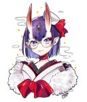 1girl alternate_costume artist_name bespectacled black-framed_eyewear collarbone eyebrows_visible_through_hair fate/grand_order fate_(series) glasses horns kisaragi_yuu_(fallen_sky) looking_at_viewer pointy_ears purple_eyes purple_hair round_eyewear short_hair shuten_douji_(fate/grand_order) signature solo thick_eyebrows tongue tongue_out upper_body 