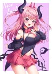  1girl :d animal_ears armpits bangs black_shirt blush bow bowtie breasts cleavage copyright_request curled_horns demon_girl demon_horns demon_tail eyebrows_visible_through_hair fangs hand_up highres horns long_hair long_sleeves medium_breasts navel open_mouth pink_hair pleated_skirt puffy_long_sleeves puffy_sleeves purple_background purple_eyes red_neckwear red_skirt shirt shoulder_cutout skirt sleeves_past_wrists smile solo star starry_background tail two-tone_background two_side_up very_long_hair virtual_youtuber w wakuta_chisaki white_background 
