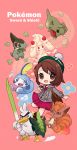  1girl :d alcremie backpack bag bangs blush brown_eyes brown_hair cardigan character_request chibi clover collared_dress commentary_request copyright_name dress eyebrows_visible_through_hair fire food four-leaf_clover gen_1_pokemon gen_8_pokemon green_headwear grey_cardigan highres holding holding_food holding_poke_ball hood hood_down hooded_cardigan long_sleeves looking_at_viewer maodouzi open_mouth outstretched_arm pink_background pink_dress poke_ball poke_ball_(generic) pokemon pokemon_(creature) pokemon_(game) pokemon_swsh rock shield sirfetch&#039;d smile sobble sparkle spring_onion tam_o&#039;_shanter vulpix yuuri_(pokemon) 