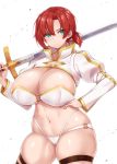 1girl bangs bikini blush boudica_(fate/grand_order) breasts cleavage fate/grand_order fate_(series) highres juliet_sleeves large_breasts long_sleeves looking_at_viewer mitsukazu_(nijigen_complex) multi-strapped_bikini navel o-ring o-ring_bikini over_shoulder puffy_sleeves red_hair short_hair short_ponytail shrug_(clothing) simple_background solo swimsuit sword thigh_strap thighs weapon weapon_over_shoulder white_background white_bikini 