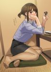  1girl black_skirt blush brown_eyes brown_hair brown_legwear choko_(cup) chopsticks collared_shirt commentary_request cup feet hand_on_own_cheek highres holding holding_cup indoors legs looking_at_viewer no_shoes office_lady office_lady_(yomu_(sgt_epper)) original pantyhose pencil_skirt sheer_legwear shirt sitting skirt solo table translated yomu_(sgt_epper) 