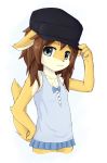  anthro blue_eyes bottomwear brown_hair canid canine chest_tuft clothing cub female fox fur hair hat headgear headwear hi_res kemono mammal pawpads simple_background sinelesh skirt solo tuft white_background yellow_body yellow_fur young 