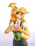  &lt;3 2020 animal_crossing anthro bell blonde_hair bottomwear brown_eyes canid canine canis clothed clothing digital_media_(artwork) dipstick_tail domestic_dog dsixzey female fingers fur gesture hair hand_heart isabelle_(animal_crossing) looking_at_viewer mammal multicolored_tail nintendo shih_tzu shirt simple_background skirt smile solo topwear toy_dog video_games yellow_body yellow_fur 