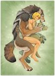  2020 anthro blonde_hair canid canine canis digital_media_(artwork) duo eyes_closed fingers hair hi_res human human_on_anthro interspecies larger_male male male/male male_on_anthro mammal nude on_grass simple_background size_difference smaller_male smile somanyfangs spooning wolf 