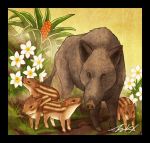  animal animal_focus black_border boar border flower grass no_humans original plant signature takigraphic white_flower 